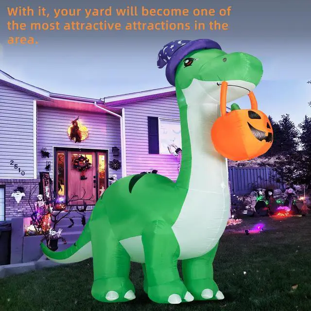 Alt view image 6 of 7 - 10FT Halloween Inflatable Huge Dinosaur Decorations Outdoor, Blow Up Yard Decorations Built-in LED Lights,Halloween Party Decorations with Witch Hat and Pumpkin,for Garden/Lawn.