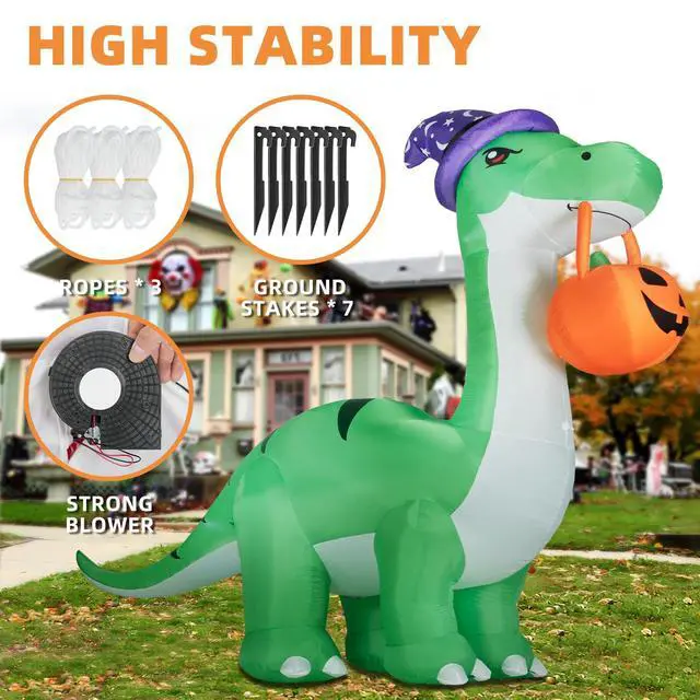 Alt view image 4 of 7 - 10FT Halloween Inflatable Huge Dinosaur Decorations Outdoor, Blow Up Yard Decorations Built-in LED Lights,Halloween Party Decorations with Witch Hat and Pumpkin,for Garden/Lawn.
