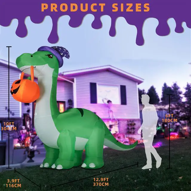 Alt view image 2 of 7 - 10FT Halloween Inflatable Huge Dinosaur Decorations Outdoor, Blow Up Yard Decorations Built-in LED Lights,Halloween Party Decorations with Witch Hat and Pumpkin,for Garden/Lawn.