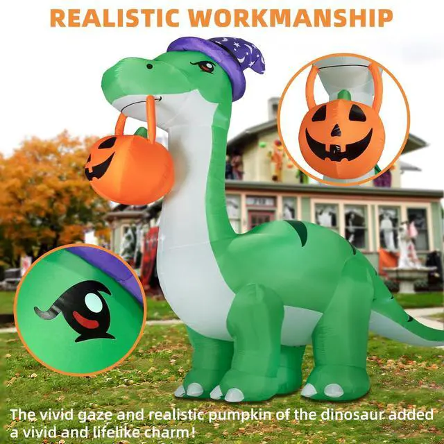 Alt view image 3 of 7 - 10FT Halloween Inflatable Huge Dinosaur Decorations Outdoor, Blow Up Yard Decorations Built-in LED Lights,Halloween Party Decorations with Witch Hat and Pumpkin,for Garden/Lawn.