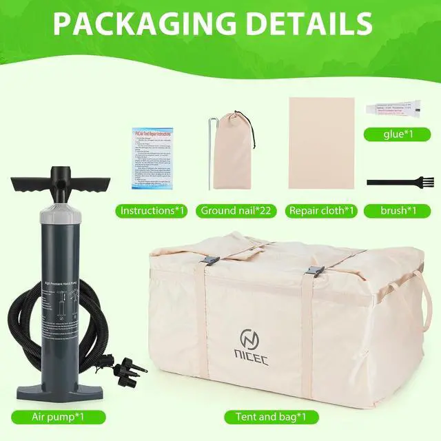 Alt view image 4 of 7 - Inflatable Tent for Camping, Glamping Tent for Adults, Blow Up Tents, with Air Pump, 2-in-1 Air Valve, Chimney Opening, Waterproof, Windproof, Easy Set Up