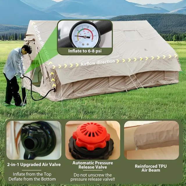 Alt view image 5 of 7 - Inflatable Tent for Camping, Glamping Tent for Adults, Blow Up Tents, with Air Pump, 2-in-1 Air Valve, Chimney Opening, Waterproof, Windproof, Easy Set Up