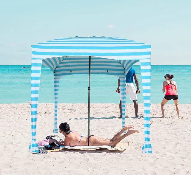 Alt view image 2 of 7 - Beach Cabana Tent - Portable 6'x 6' with Detachable Wall, UPF 50+ UV Protection, Ultimate Sun Umbrella, Sun Shelter (Blue Stripe)