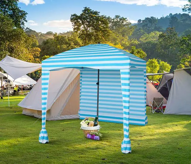 Alt view image 4 of 7 - Beach Cabana Tent - Portable 6'x 6' with Detachable Wall, UPF 50+ UV Protection, Ultimate Sun Umbrella, Sun Shelter (Blue Stripe)