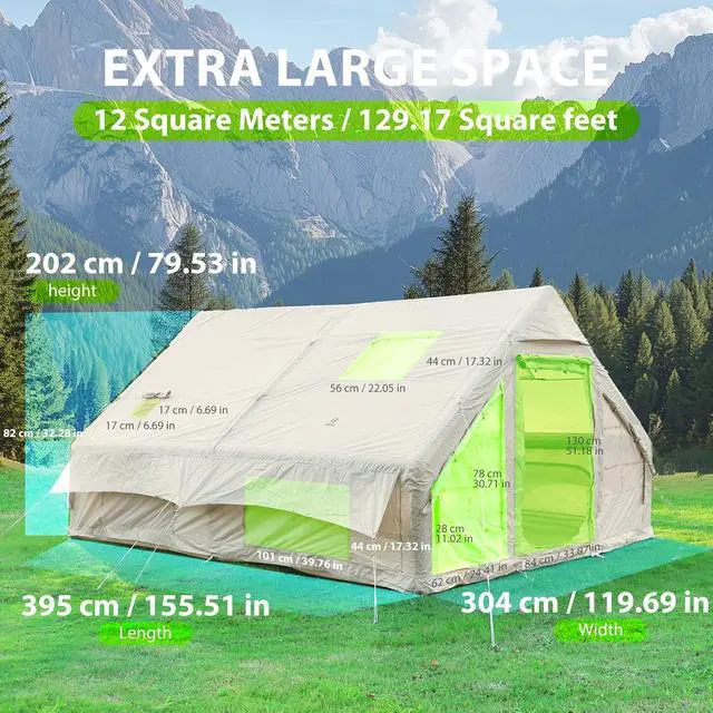 Alt view image 3 of 7 - Inflatable Tent for Camping, Glamping Tent for Adults, Blow Up Tents, with Air Pump, 2-in-1 Air Valve, Chimney Opening, Waterproof, Windproof, Easy Set Up
