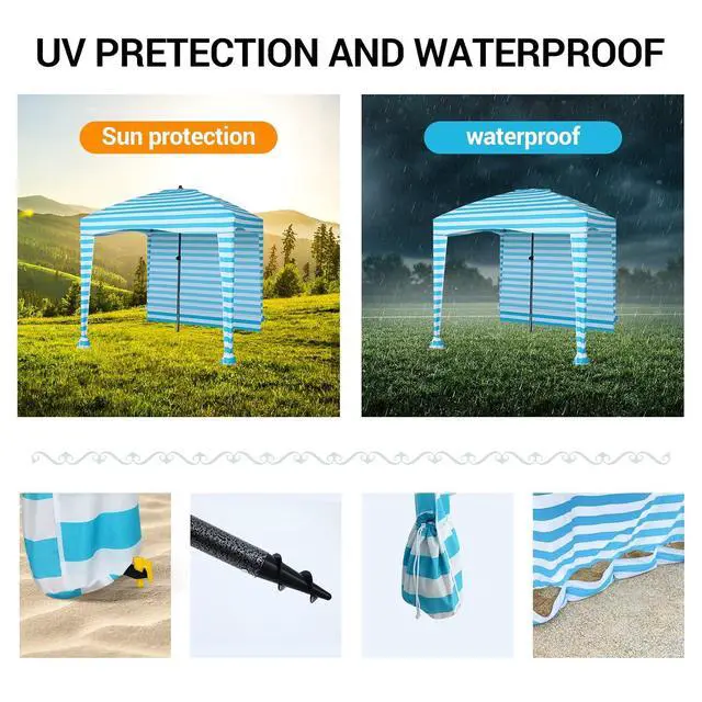 Alt view image 3 of 7 - Beach Cabana Tent - Portable 6'x 6' with Detachable Wall, UPF 50+ UV Protection, Ultimate Sun Umbrella, Sun Shelter (Blue Stripe)