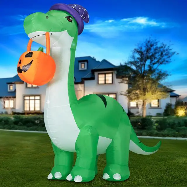 Alt view image 7 of 7 - 10FT Halloween Inflatable Huge Dinosaur Decorations Outdoor, Blow Up Yard Decorations Built-in LED Lights,Halloween Party Decorations with Witch Hat and Pumpkin,for Garden/Lawn.