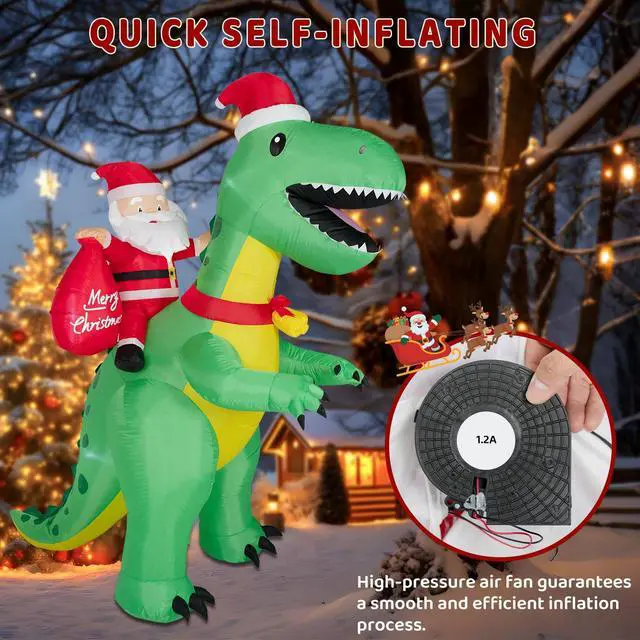 Alt view image 4 of 7 - 8FT Christmas Inflatables Santa Claus Riding Dinosaur,Christmas Inflatables Decorations Outdoor/Indoor, Blow Up Santa Claus Yard Decorations Built-in LED Lights,for Yard/Lawn/Garden.