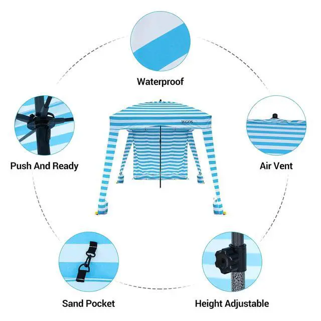 Alt view image 6 of 7 - Beach Cabana Tent - Portable 6'x 6' with Detachable Wall, UPF 50+ UV Protection, Ultimate Sun Umbrella, Sun Shelter (Blue Stripe)