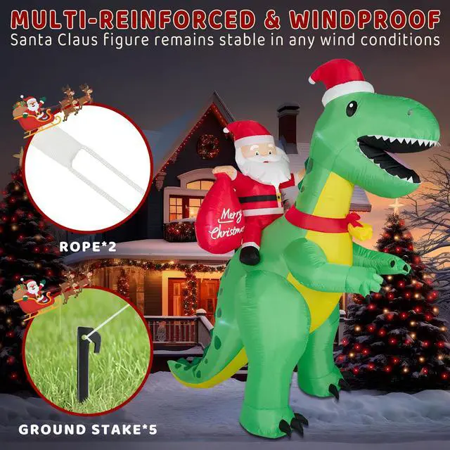Alt view image 6 of 7 - 8FT Christmas Inflatables Santa Claus Riding Dinosaur,Christmas Inflatables Decorations Outdoor/Indoor, Blow Up Santa Claus Yard Decorations Built-in LED Lights,for Yard/Lawn/Garden.