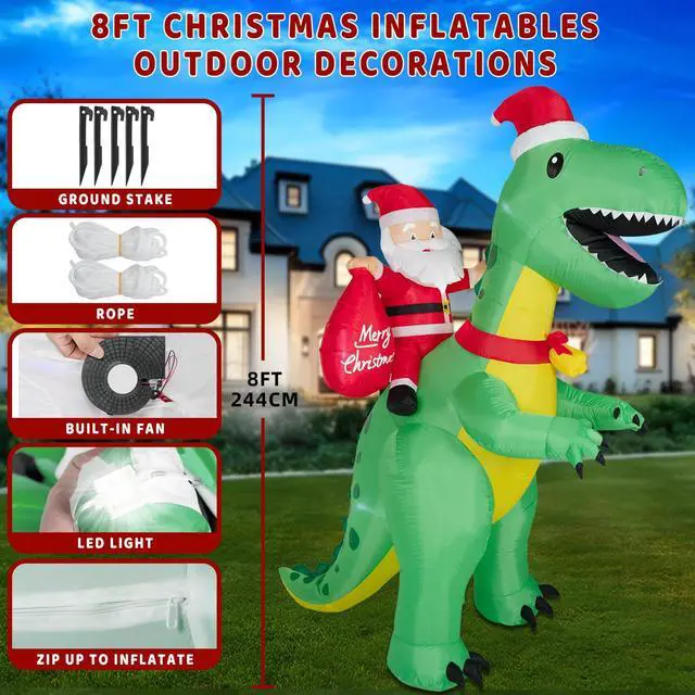 Alt view image 5 of 7 - 8FT Christmas Inflatables Santa Claus Riding Dinosaur,Christmas Inflatables Decorations Outdoor/Indoor, Blow Up Santa Claus Yard Decorations Built-in LED Lights,for Yard/Lawn/Garden.