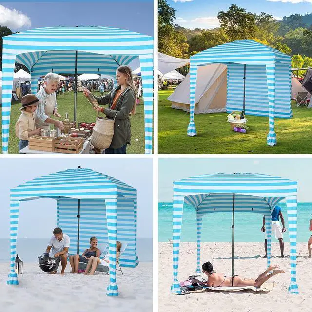 Alt view image 7 of 7 - Beach Cabana Tent - Portable 6'x 6' with Detachable Wall, UPF 50+ UV Protection, Ultimate Sun Umbrella, Sun Shelter (Blue Stripe)