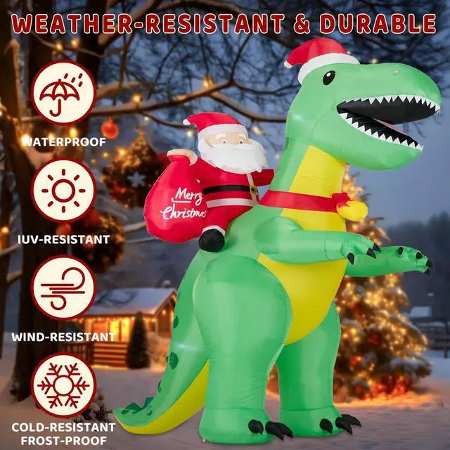 Alt view image 3 of 7 - 8FT Christmas Inflatables Santa Claus Riding Dinosaur,Christmas Inflatables Decorations Outdoor/Indoor, Blow Up Santa Claus Yard Decorations Built-in LED Lights,for Yard/Lawn/Garden.