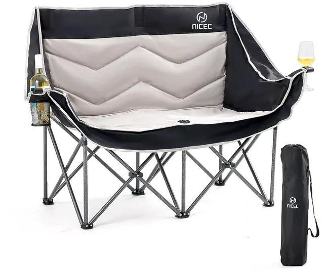 Alt view image 6 of 7 - Double Camping Chair, Oversized Camping Loveseat, Padded Folding Loveseat with Wine Glass Holder + Camping Kitchen Station, Camping Table, Picnic Table, Grill Table, Folding Table, Upgrade Light Stand