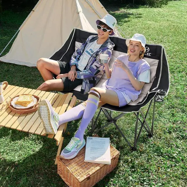 Alt view image 7 of 7 - Double Camping Chair, Oversized Camping Loveseat, Padded Folding Loveseat with Wine Glass Holder + Camping Kitchen Station, Camping Table, Picnic Table, Grill Table, Folding Table, Upgrade Light Stand