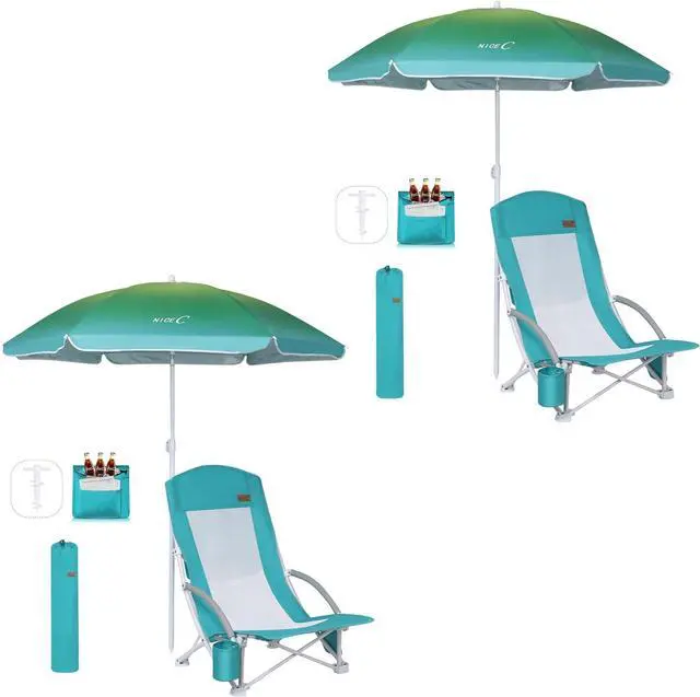 Main image of Camping Shower Tent (2 Room) + Beach Chairs for Adults with Umbrella and Cooler (2-Pack)