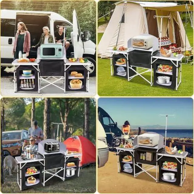 Alt view image 5 of 6 - Camping Wind Screen, 4 Panels Beach Garden Wind Blocker Breaker, Privacy Sunbathing, Clam Screen Porch & Camping Kitchen Table, Folding Cook Table, Upgrade Light Stand and Windshield Cook Station