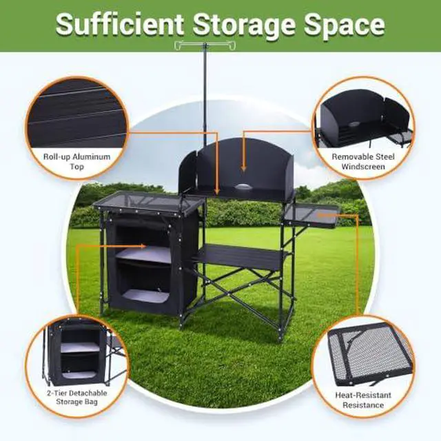 Alt view image 3 of 6 - Camping Wind Screen, Privacy Sunbathing, Clam Screen Porch, with Mesh Window, Poles & Camping Kitchen Station, Picnic Portable Grill Table, Folding Cook Station Organizers