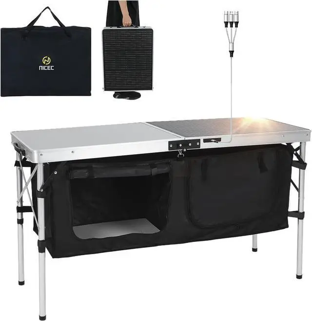 Main image of Aluminum Square Side Table, Adjustable Height Compact Camping Table, Lightweight Collapsible Table with Roll-up Tabletop & Storage Camping Table with Solar Panels