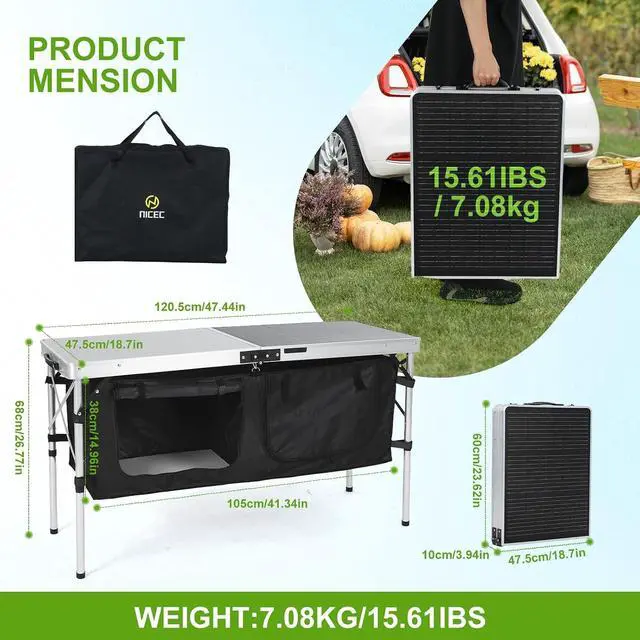 Alt view image 2 of 6 - Aluminum Square Side Table, Adjustable Height Compact Camping Table, Lightweight Collapsible Table with Roll-up Tabletop & Storage Camping Table with Solar Panels