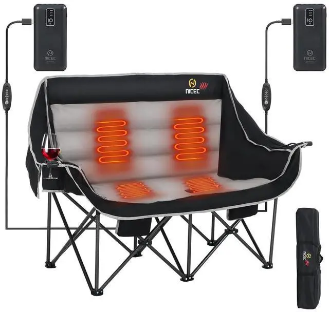 Main image of Heated Camping Chair with Battery, Outdoor Heated Folding Bench, Double Padded Loveseat for Adults, Camping Couch, with Cooler Bag, 2 Power Banks Included (Black&Grey)