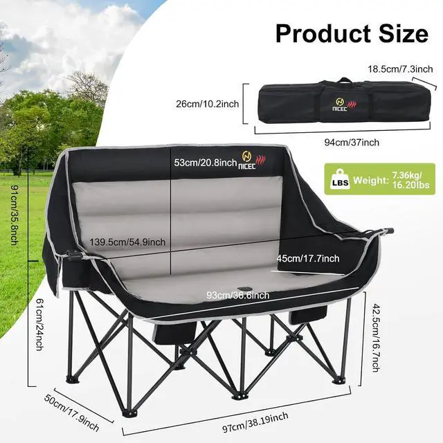 Alt view image 3 of 7 - Heated Camping Chair with Battery, Outdoor Heated Folding Bench, Double Padded Loveseat for Adults, Camping Couch, with Cooler Bag, 2 Power Banks Included (Black&Grey)