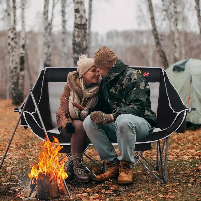 Alt view image 2 of 7 - Heated Camping Chair with Battery, Outdoor Heated Folding Bench, Double Padded Loveseat for Adults, Camping Couch, with Cooler Bag, 2 Power Banks Included (Black&Grey)