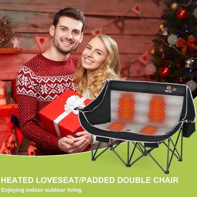 Alt view image 4 of 7 - Heated Camping Chair with Battery, Outdoor Heated Folding Bench, Double Padded Loveseat for Adults, Camping Couch, with Cooler Bag, 2 Power Banks Included (Black&Grey)