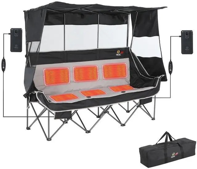 Main image of Heated 3 Seat Camping Chair with Canopy, Heated Double Folding Couch Loveseat Bench With Battery, Portable Oversized Padded Sports Umbrella Chair With Shade, Cup Holder, For Adults Outdoor Lawn