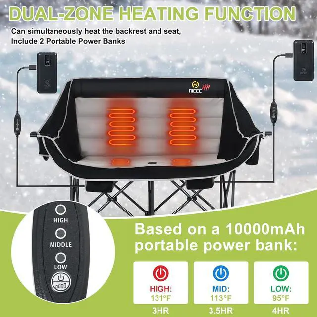 Alt view image 5 of 7 - Heated Camping Chair with Battery, Outdoor Heated Folding Bench, Double Padded Loveseat for Adults, Camping Couch, with Cooler Bag, 2 Power Banks Included (Black&Grey)