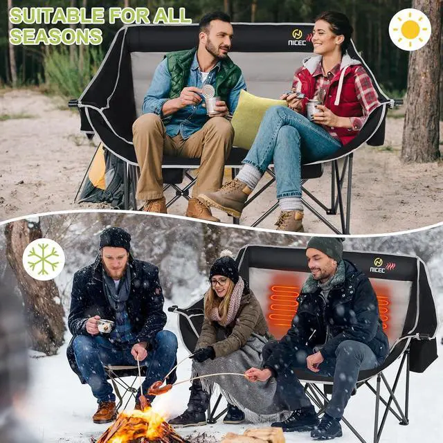 Alt view image 6 of 7 - Heated Camping Chair with Battery, Outdoor Heated Folding Bench, Double Padded Loveseat for Adults, Camping Couch, with Cooler Bag, 2 Power Banks Included (Black&Grey)