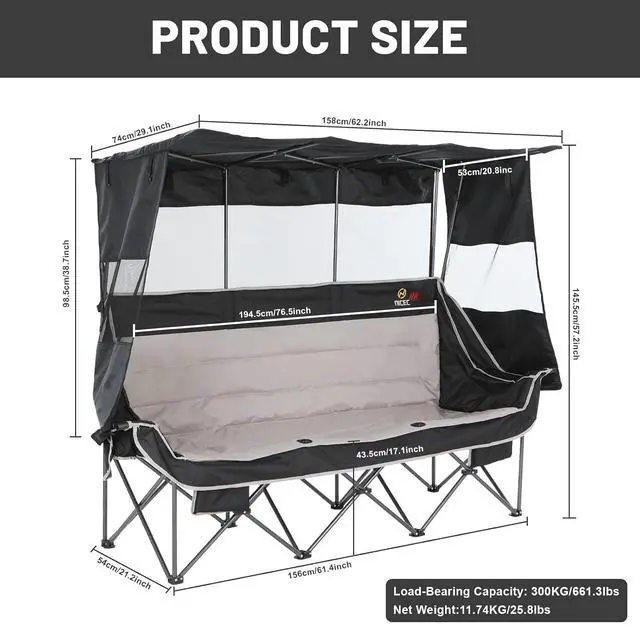 Alt view image 2 of 7 - Heated 3 Seat Camping Chair with Canopy, Heated Double Folding Couch Loveseat Bench With Battery, Portable Oversized Padded Sports Umbrella Chair With Shade, Cup Holder, For Adults Outdoor Lawn