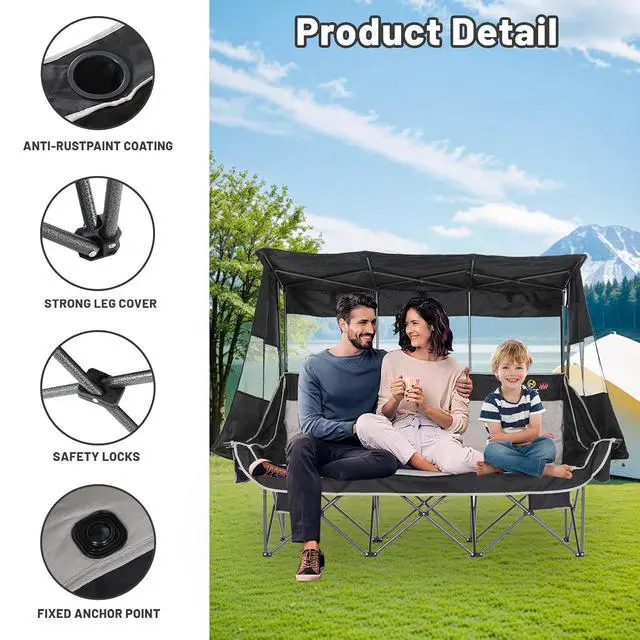 Alt view image 3 of 7 - Heated 3 Seat Camping Chair with Canopy, Heated Double Folding Couch Loveseat Bench With Battery, Portable Oversized Padded Sports Umbrella Chair With Shade, Cup Holder, For Adults Outdoor Lawn