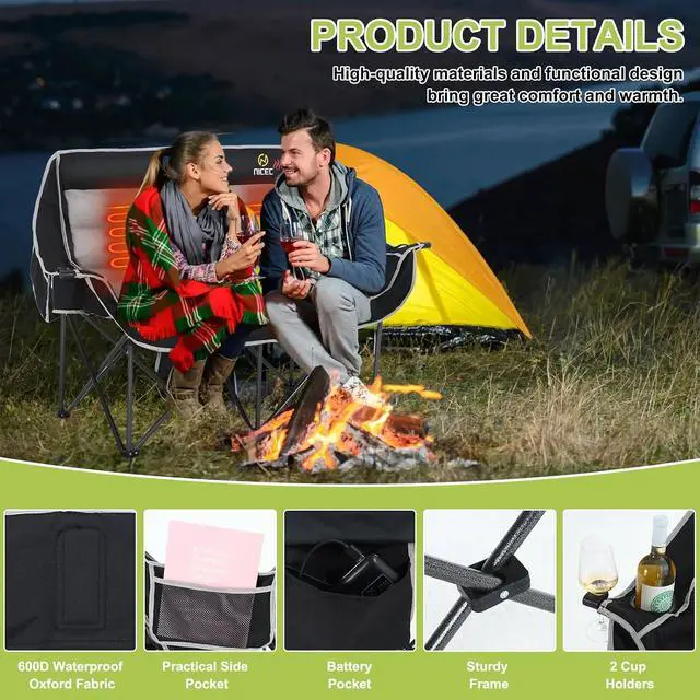 Alt view image 7 of 7 - Heated Camping Chair with Battery, Outdoor Heated Folding Bench, Double Padded Loveseat for Adults, Camping Couch, with Cooler Bag, 2 Power Banks Included (Black&Grey)