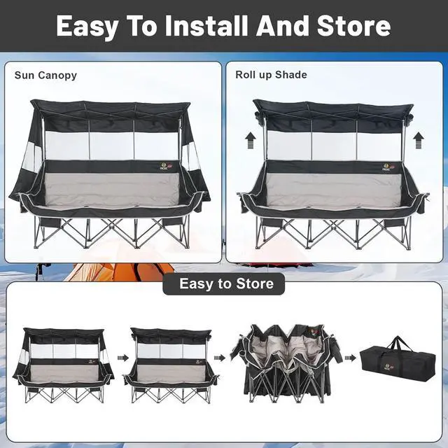 Alt view image 7 of 7 - Heated 3 Seat Camping Chair with Canopy, Heated Double Folding Couch Loveseat Bench With Battery, Portable Oversized Padded Sports Umbrella Chair With Shade, Cup Holder, For Adults Outdoor Lawn