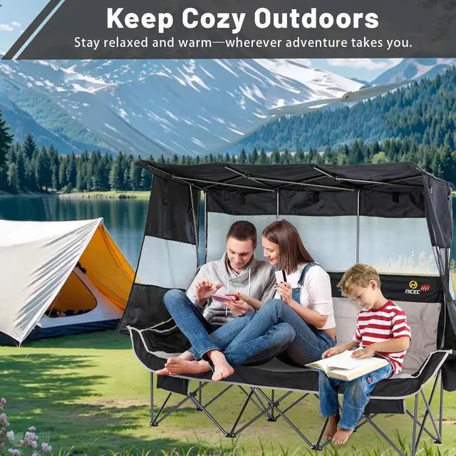 Alt view image 6 of 7 - Heated 3 Seat Camping Chair with Canopy, Heated Double Folding Couch Loveseat Bench With Battery, Portable Oversized Padded Sports Umbrella Chair With Shade, Cup Holder, For Adults Outdoor Lawn
