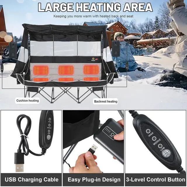 Alt view image 4 of 7 - Heated 3 Seat Camping Chair with Canopy, Heated Double Folding Couch Loveseat Bench With Battery, Portable Oversized Padded Sports Umbrella Chair With Shade, Cup Holder, For Adults Outdoor Lawn