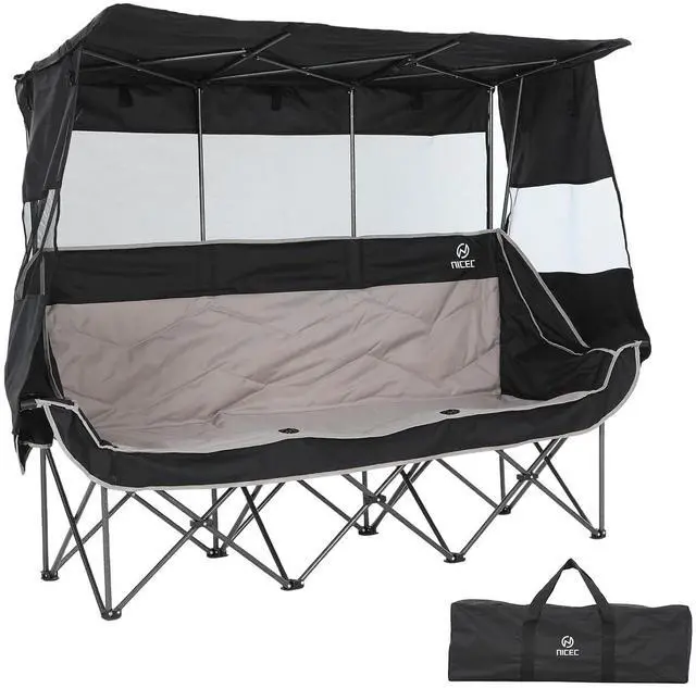 Main image of 3 Person Camping Chair with Canopy, Oversized Double Chair with Shade, Umbrella Chairs Loveseat Couch, Folding Padded Sports Bench with Cup Holder Cooler Bag for Adult Outdoor Lawn(Black&Grey)