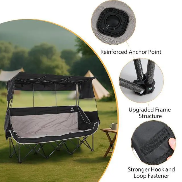 Alt view image 4 of 6 - 3 Person Camping Chair with Canopy, Oversized Double Chair with Shade, Umbrella Chairs Loveseat Couch, Folding Padded Sports Bench with Cup Holder Cooler Bag for Adult Outdoor Lawn(Black&Grey)