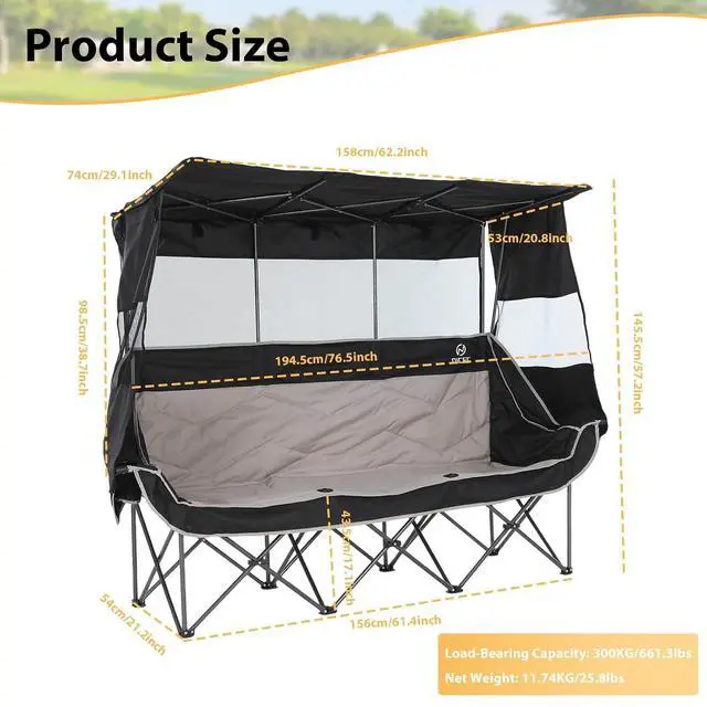 Alt view image 3 of 6 - 3 Person Camping Chair with Canopy, Oversized Double Chair with Shade, Umbrella Chairs Loveseat Couch, Folding Padded Sports Bench with Cup Holder Cooler Bag for Adult Outdoor Lawn(Black&Grey)