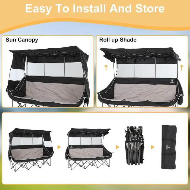 Alt view image 6 of 6 - 3 Person Camping Chair with Canopy, Oversized Double Chair with Shade, Umbrella Chairs Loveseat Couch, Folding Padded Sports Bench with Cup Holder Cooler Bag for Adult Outdoor Lawn(Black&Grey)