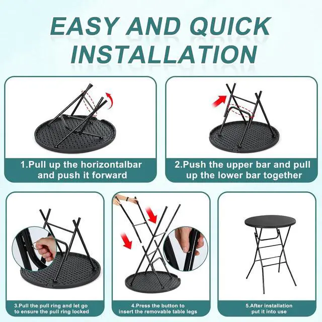 Alt view image 4 of 7 - Plastic High Top Round Table, Portable Cocktail Bar Table, 31.5" Foldable Counter Height Tables, Waterproof Outdoor/Indoor Bistro Tables for Parties, Weddings, Camping, Backyard (Black, 1 Pack)