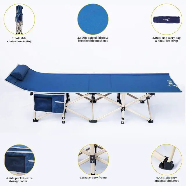 Alt view image 2 of 7 - Camping Cots, Cots for Adults, Folding Cot Bed, with Pillow, Carry Bag & Storage Pocket, Extra Wide Sturdy, Holds Up to 500 Lbs (2, Blue)