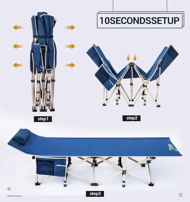 Alt view image 7 of 7 - Camping Cots, Cots for Adults, Folding Cot Bed, with Pillow, Carry Bag & Storage Pocket, Extra Wide Sturdy, Holds Up to 500 Lbs (1, Blue)