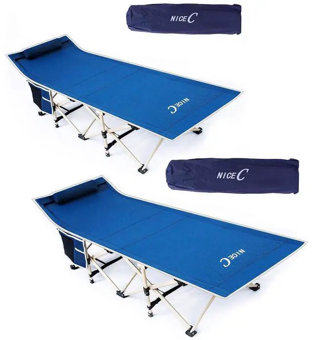 Main image of Camping Cots, Cots for Adults, Folding Cot Bed, with Pillow, Carry Bag & Storage Pocket, Extra Wide Sturdy, Holds Up to 500 Lbs (2, Blue)