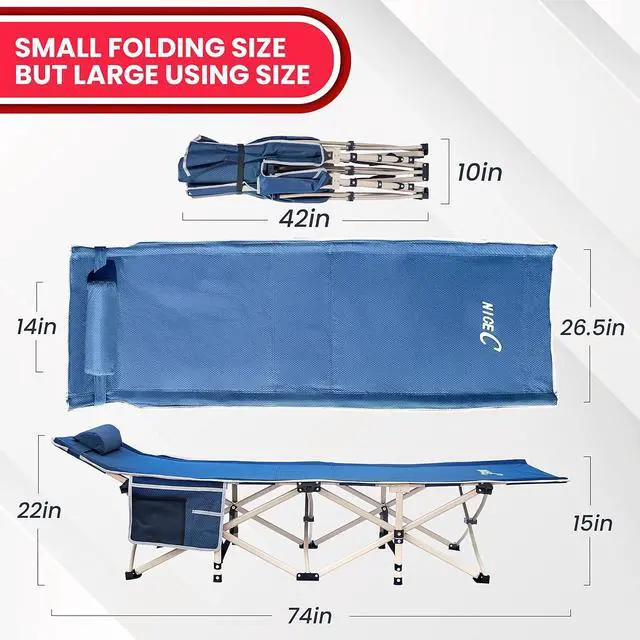 Alt view image 7 of 7 - Camping Cots, Cots for Adults, Folding Cot Bed, with Pillow, Carry Bag & Storage Pocket, Extra Wide Sturdy, Holds Up to 500 Lbs (2, Blue)
