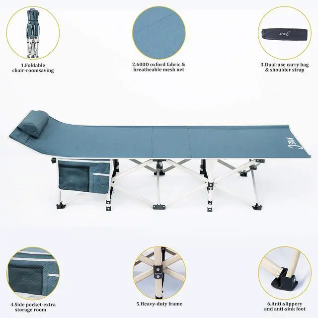 Alt view image 2 of 7 - Camping Cots, Folding Cot Bed for Adults, Sleeping Bed with Pillow, Carry Bag & Storage Pocket, Extra Wide Sturdy, Holds Up to 500 Lbs (2, Grey)