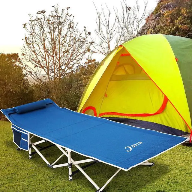 Alt view image 5 of 7 - Camping Cots, Cots for Adults, Folding Cot Bed, with Pillow, Carry Bag & Storage Pocket, Extra Wide Sturdy, Holds Up to 500 Lbs (2, Blue)