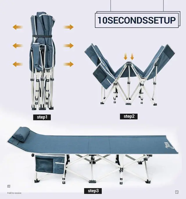 Alt view image 7 of 7 - Camping Cots, Folding Cot Bed for Adults, Sleeping Bed with Pillow, Carry Bag & Storage Pocket, Extra Wide Sturdy, Holds Up to 500 Lbs (2, Grey)
