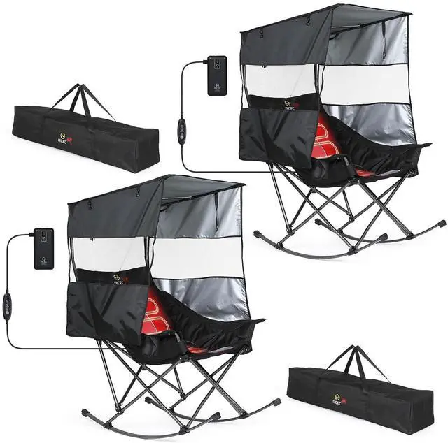 Main image of Heated Rocking Camping Chair with Canopy, XL Oversized Folding Rocker with Battery, Outdoor Umbrella Chairs with Shade, with Cup Holder, Cooler Bag, for Sports, Patio, Backyard (2 Pack)